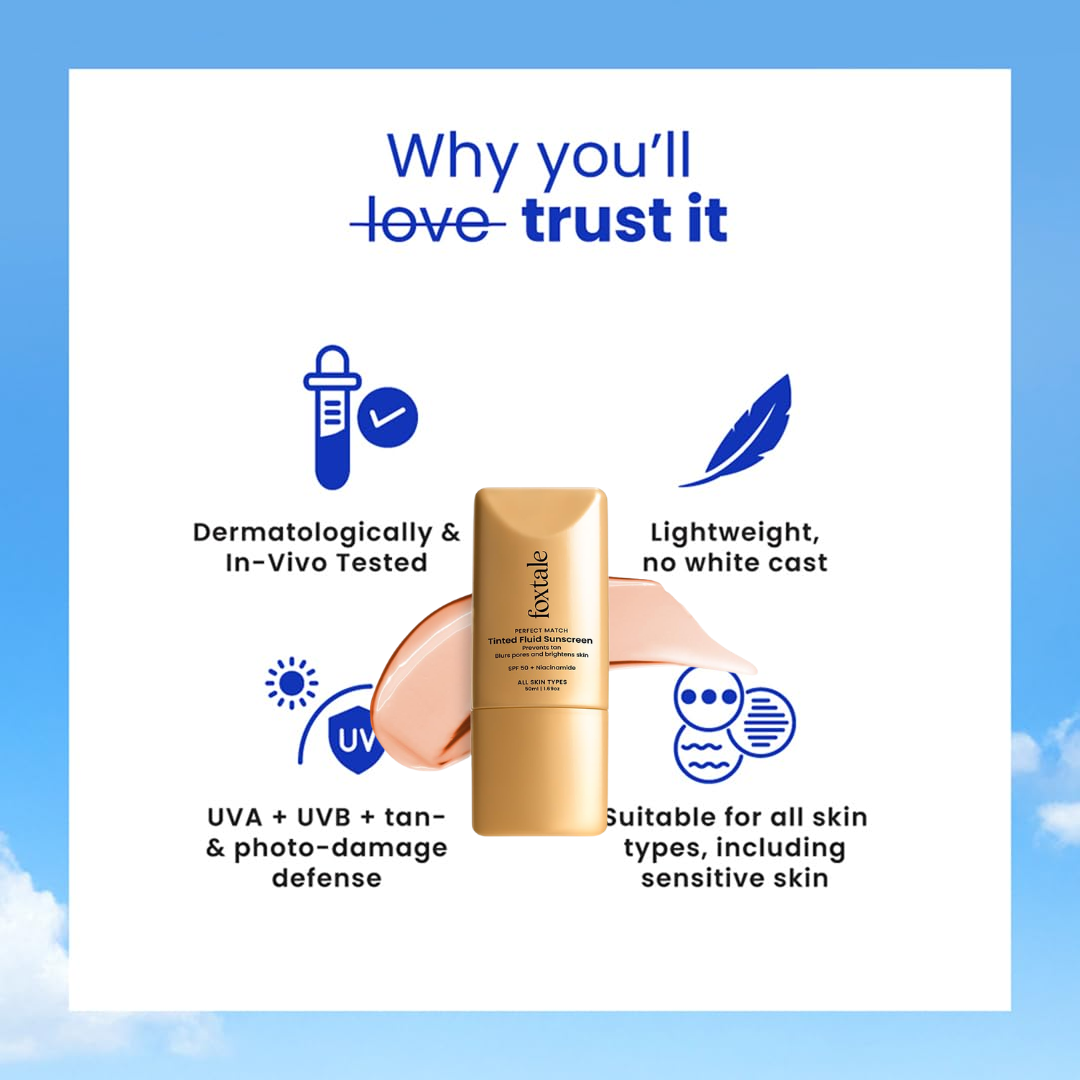 Foxtale Fluid Sunscreen with Niacinamide & Tinted Fluid Sunscreen Duo | SPF 50, Oil Control, Pore Blurring & Skin Brightening for All Skin Types