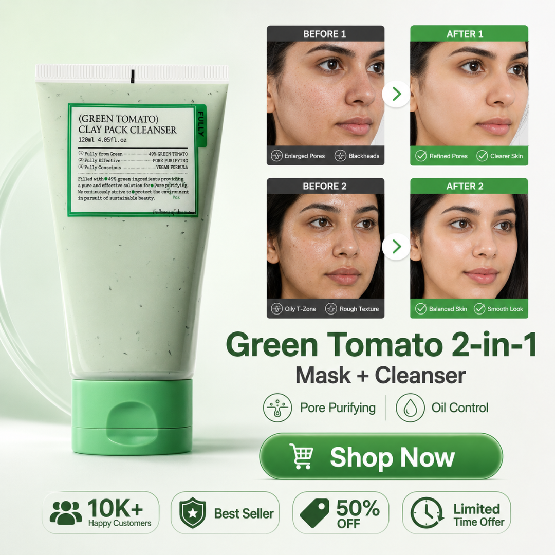 Green Tomato Clay Pack Cleanser – 2-in-1 Mask + Cleanser – Pore Purifying, Oil Control & Blackhead Care – For Enlarged Pores, Oily Skin & Uneven Texture – 120ml