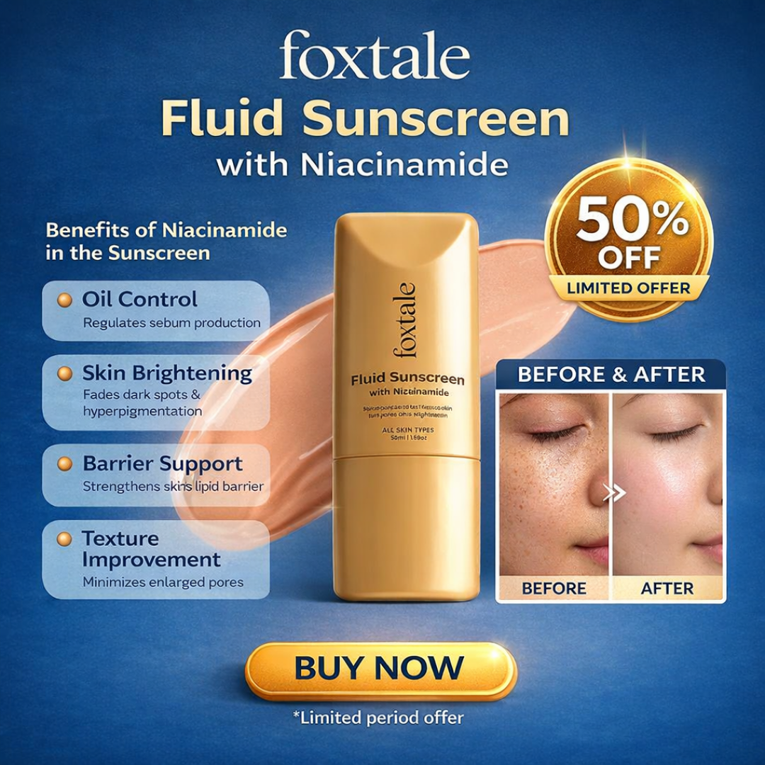 Foxtale Fluid Sunscreen with Niacinamide & Tinted Fluid Sunscreen Duo | SPF 50, Oil Control, Pore Blurring & Skin Brightening for All Skin Types