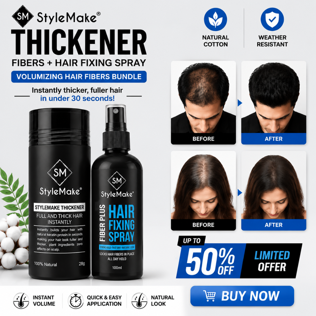StyleMake Thickener + Hair Fixing Spray Bundle – Instantly Thicker, Fuller Hair in Under 30 Seconds – Natural Cotton Fibers, Weather Resistant – Volumizing Hair Fibers for Thinning Hair