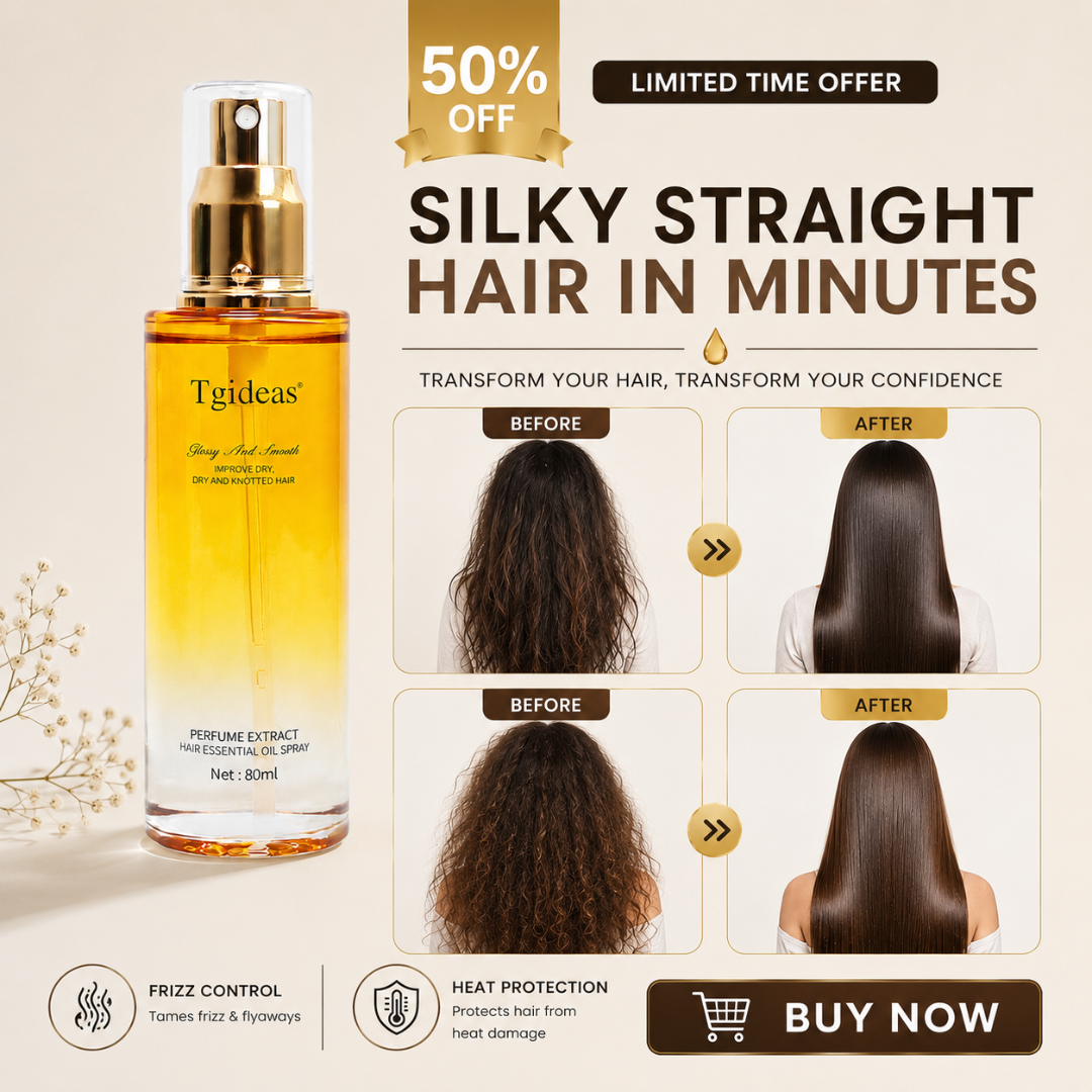 Tgideas Hair Essential Oil Spray – 50% OFF – Silky Straight Hair in Minutes – Anti-Frizz, Heat Protection, Deep Nourishment – With Jojoba, Avocado, Camellia & Macadamia Oils – Perfume Extract – For Dry & Knotted Hair
