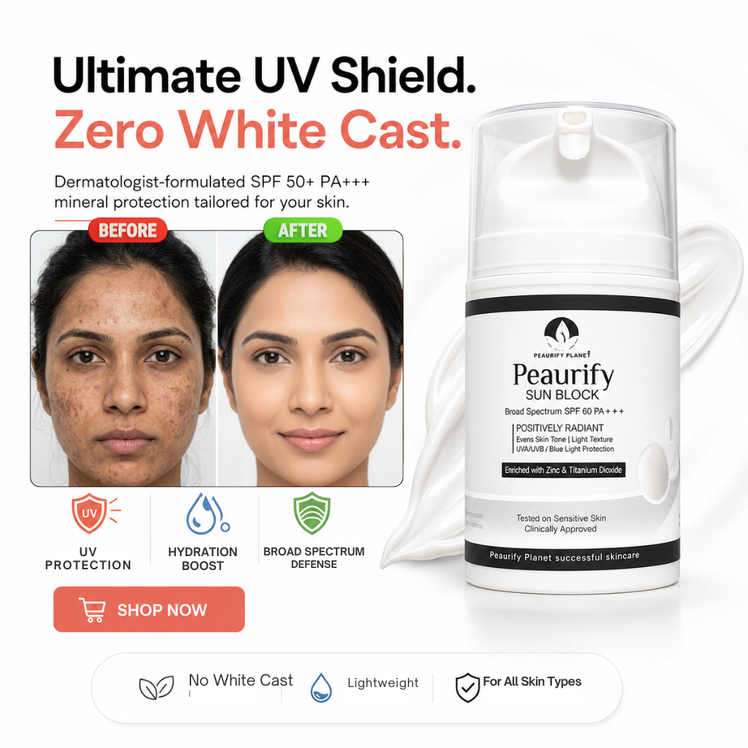 Peaurify Sun Block – Broad Spectrum SPF 60 PA+++ – Positively Radiant – Mineral Sunscreen with Zinc & Titanium Dioxide – UVA/UVB & Blue Light Protection – Zero White Cast, Lightweight, Non-Greas