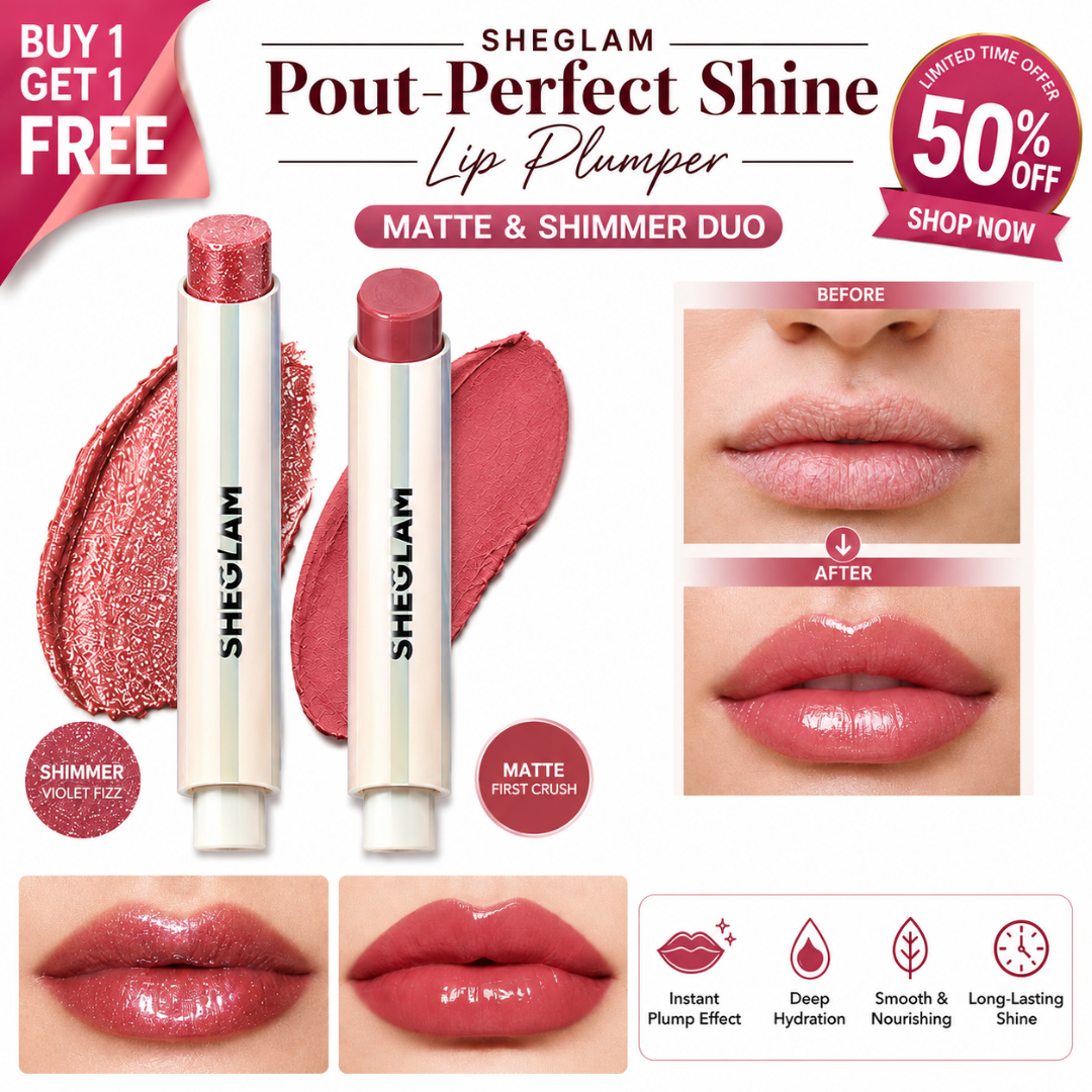 SHEGLAM Pout-Perfect Shine Lip Plumper – Buy 1 Get 1 FREE – Matte + Shimmer Duo – Instant Plump Look, Hydrating Comfort – High-Shine, Creamy Formula – Multi-Use for Lips, Cheeks & Eyes
