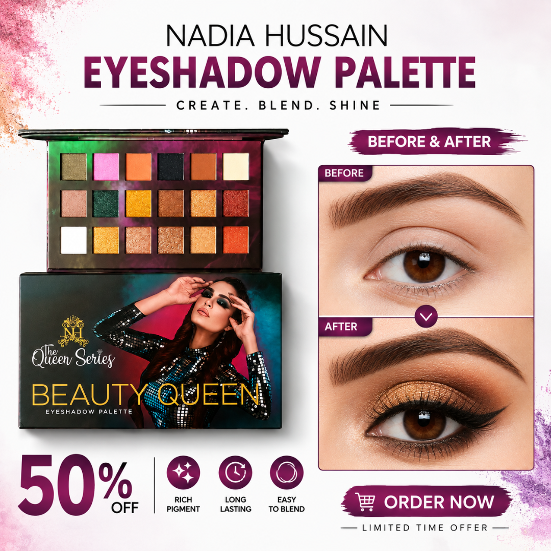 Nadia Hussain Beauty Queen Eyeshadow Palette – Create, Blend & Shine – Highly Pigmented, Long Lasting & Smooth Blending – Multi-Finish Shades (Matte, Shimmer & Metallic) – For Everyday, Office & Party Looks