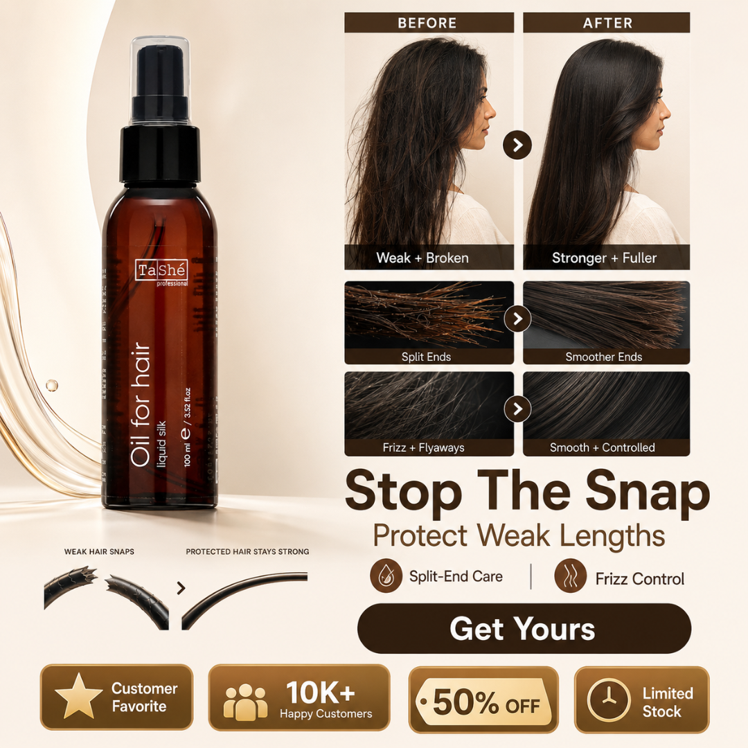 TaShé Professional Liquid Silk Hair Oil – Protect Weak Hair, Breakage Defense & Heat Protection up to 230°C – Stronger, Fuller & Silky Shine – With Macadamia, Avocado & Sweet Almond Oil – For Dry, Damaged & Split Ends