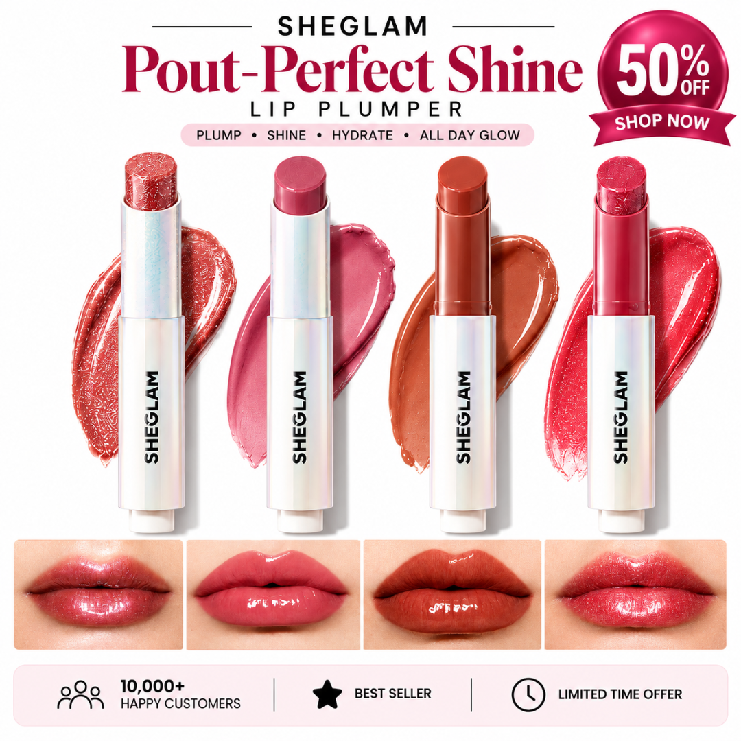 SHEGLAM Pout-Perfect Shine Lip Plumper – Buy 1 Get 1 FREE – Matte + Shimmer Duo – Instant Plump Look, Hydrating Comfort – High-Shine, Creamy Formula – Multi-Use for Lips, Cheeks & Eyes