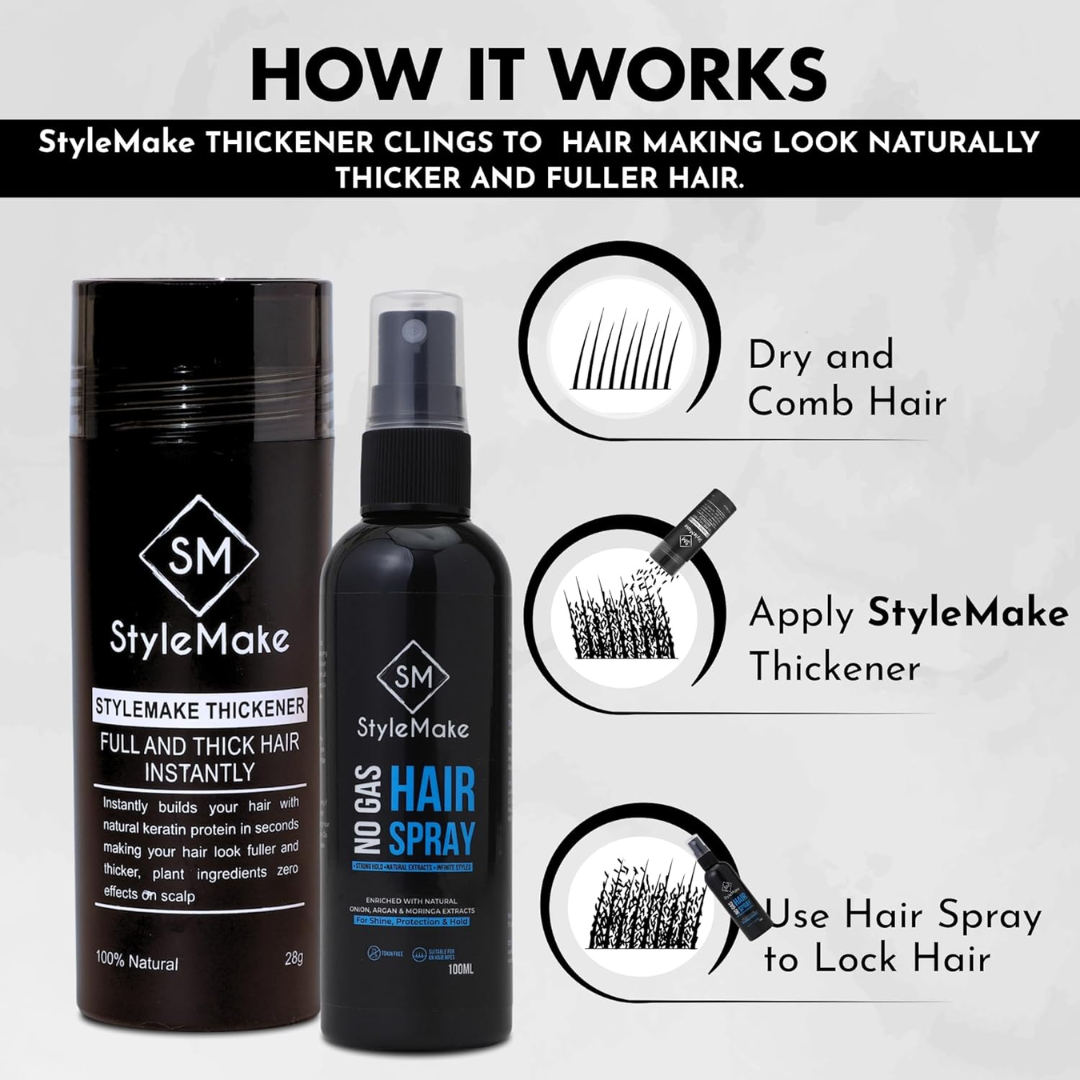 StyleMake Thickener + Hair Fixing Spray Bundle – Instantly Thicker, Fuller Hair in Under 30 Seconds – Natural Cotton Fibers, Weather Resistant – Volumizing Hair Fibers for Thinning Hair