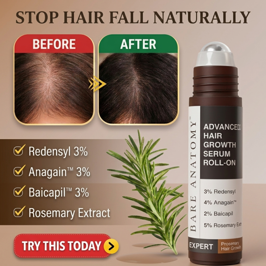 Bare Anatomy Advanced Hair Growth Serum Roll-On | 3% Redensyl + 4% Anagain + 2% Baicapil + 5% Rosemary | Reduces Hair Fall, Activates Growth & Strengthens Roots