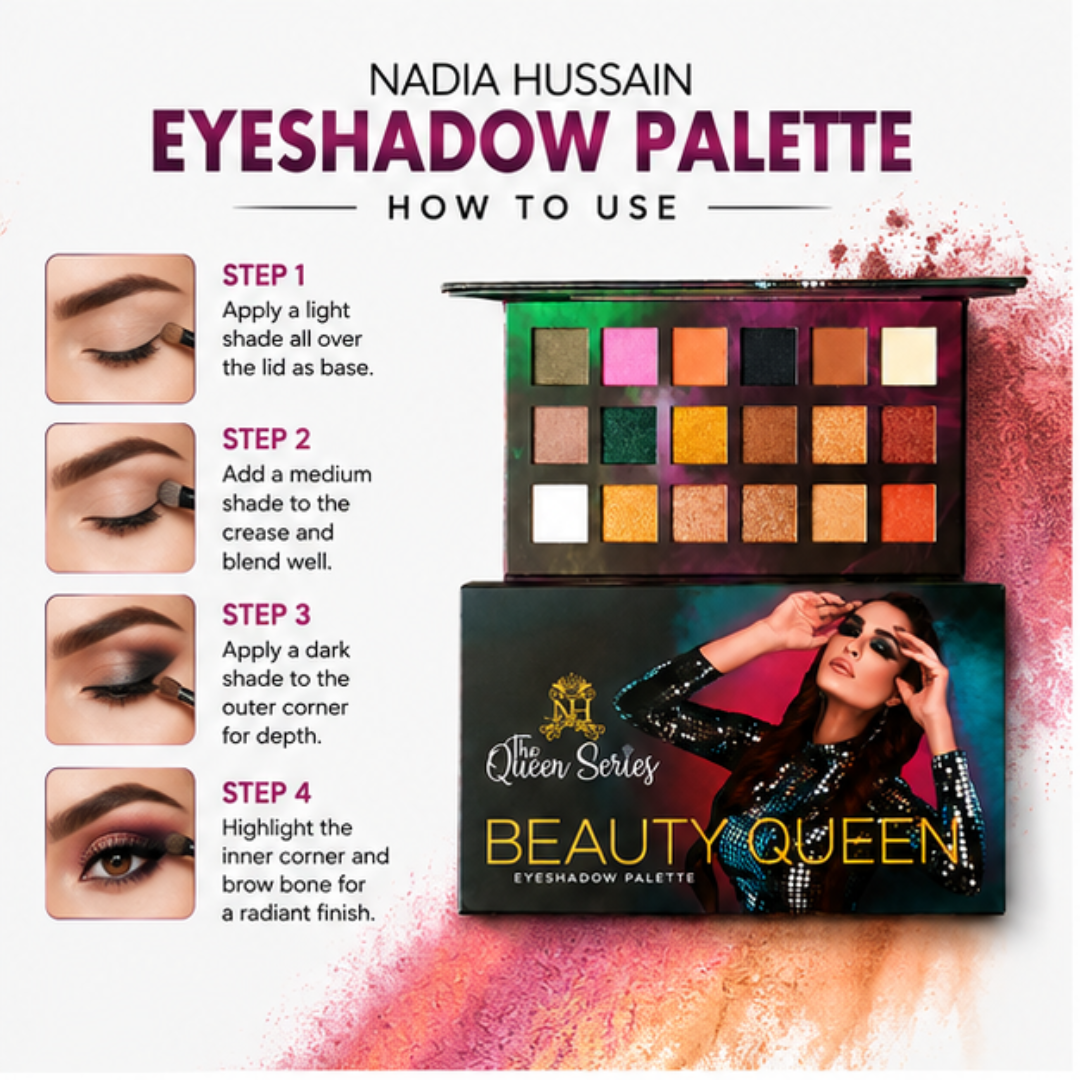 Nadia Hussain Beauty Queen Eyeshadow Palette – Create, Blend & Shine – Highly Pigmented, Long Lasting & Smooth Blending – Multi-Finish Shades (Matte, Shimmer & Metallic) – For Everyday, Office & Party Looks