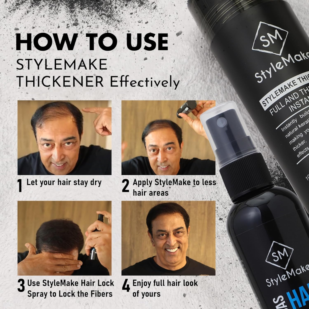 StyleMake Thickener + Hair Fixing Spray Bundle – Instantly Thicker, Fuller Hair in Under 30 Seconds – Natural Cotton Fibers, Weather Resistant – Volumizing Hair Fibers for Thinning Hair