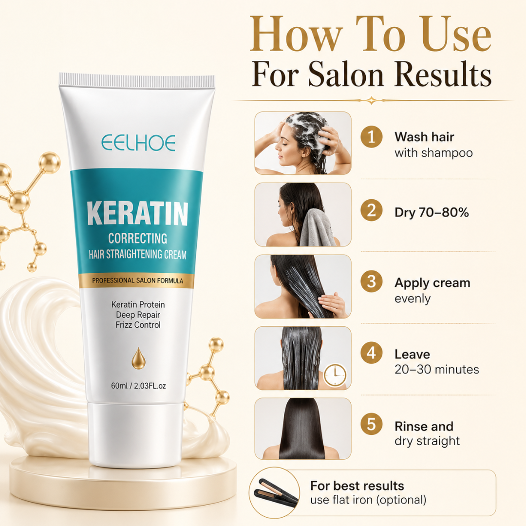 EEUHOE Keratin Hair Straightening Cream – Professional Salon Formula – Frizz Free, Smooth & Salon Finish Hair – With Hydrolyzed Keratin, Protein Complex & Silk Amino Acids – Repairs Damage, Removes Frizz, Straightens Hair