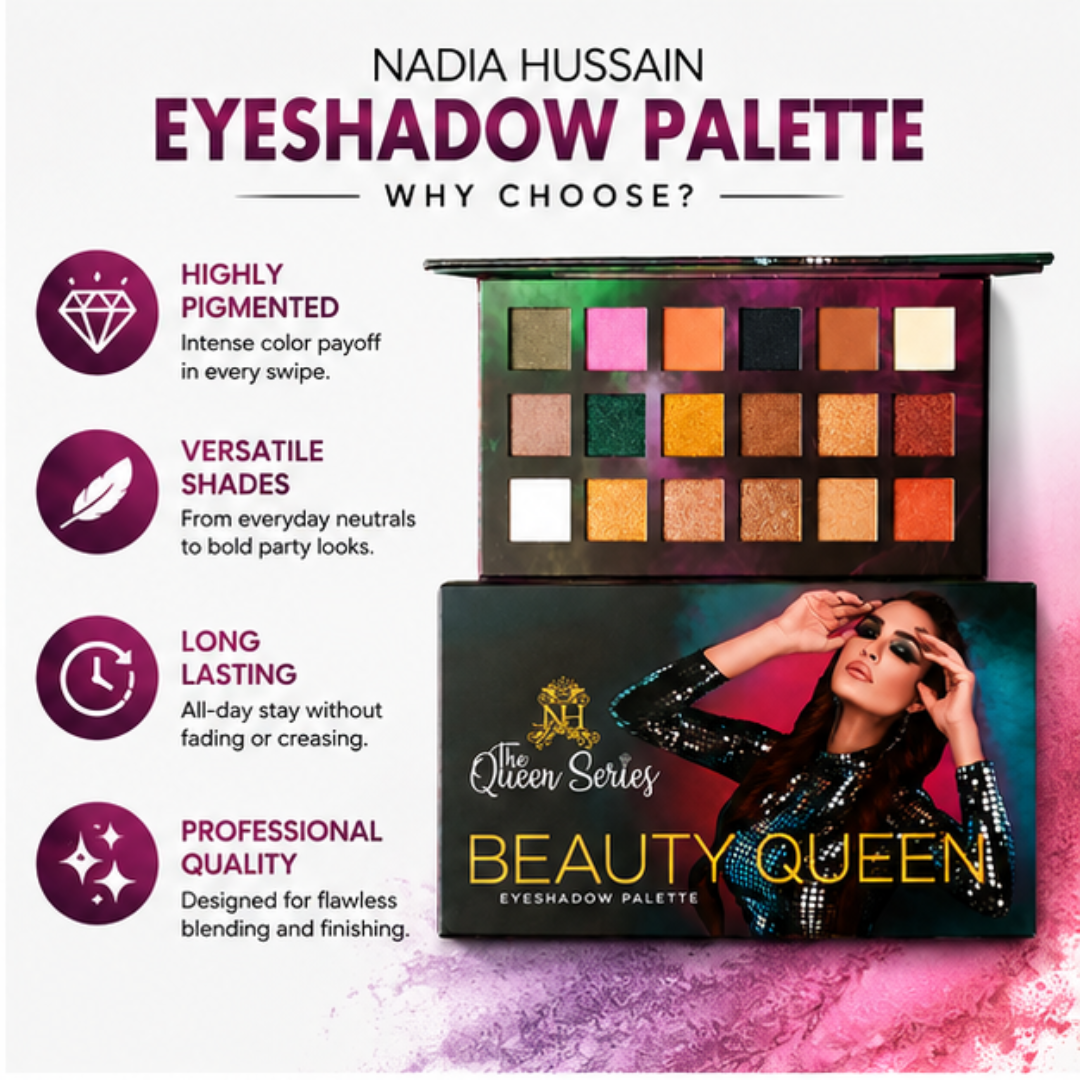 Nadia Hussain Beauty Queen Eyeshadow Palette – Create, Blend & Shine – Highly Pigmented, Long Lasting & Smooth Blending – Multi-Finish Shades (Matte, Shimmer & Metallic) – For Everyday, Office & Party Looks