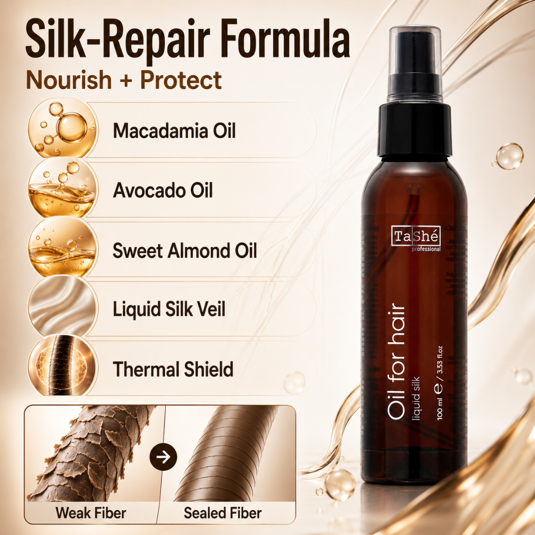TaShé Professional Liquid Silk Hair Oil – Protect Weak Hair, Breakage Defense & Heat Protection up to 230°C – Stronger, Fuller & Silky Shine – With Macadamia, Avocado & Sweet Almond Oil – For Dry, Damaged & Split Ends