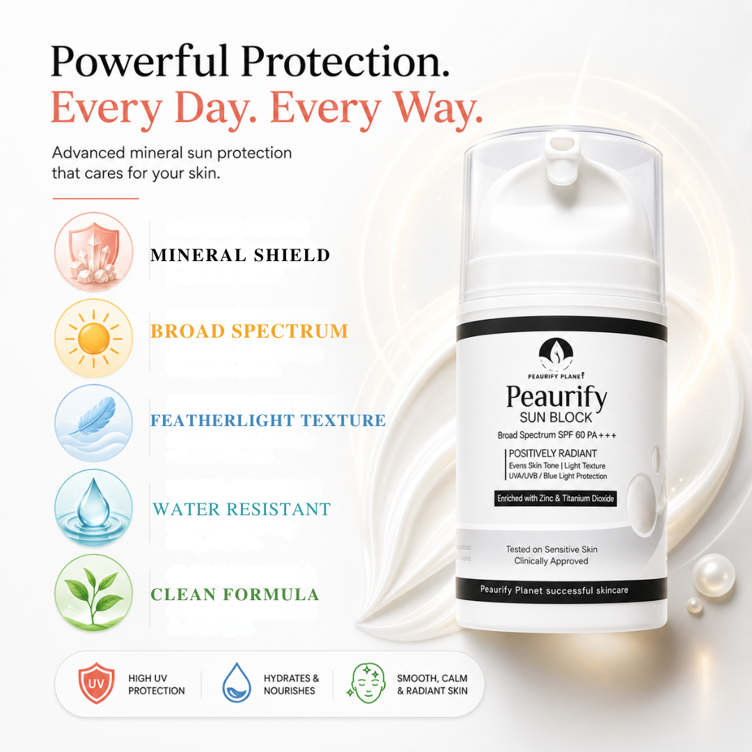 Peaurify Sun Block – Broad Spectrum SPF 60 PA+++ – Positively Radiant – Mineral Sunscreen with Zinc & Titanium Dioxide – UVA/UVB & Blue Light Protection – Zero White Cast, Lightweight, Non-Greas