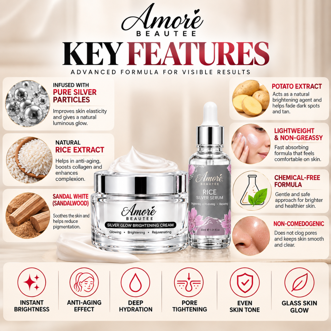 Amore Beautée Silver Glow Duo – Rice Silver Serum & Brightening Cream – Anti-Aging & Dark Spot Corrector