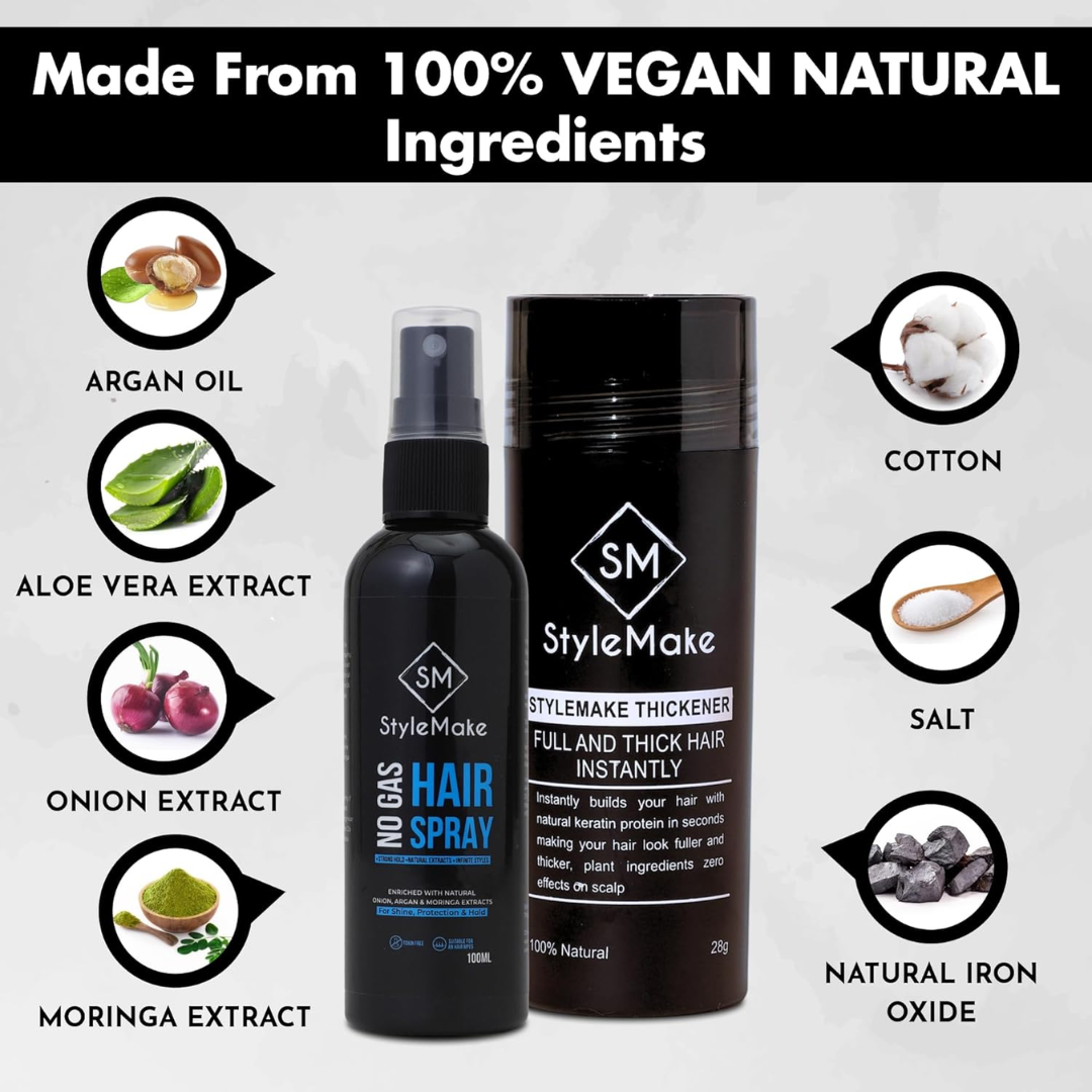 StyleMake Thickener + Hair Fixing Spray Bundle – Instantly Thicker, Fuller Hair in Under 30 Seconds – Natural Cotton Fibers, Weather Resistant – Volumizing Hair Fibers for Thinning Hair