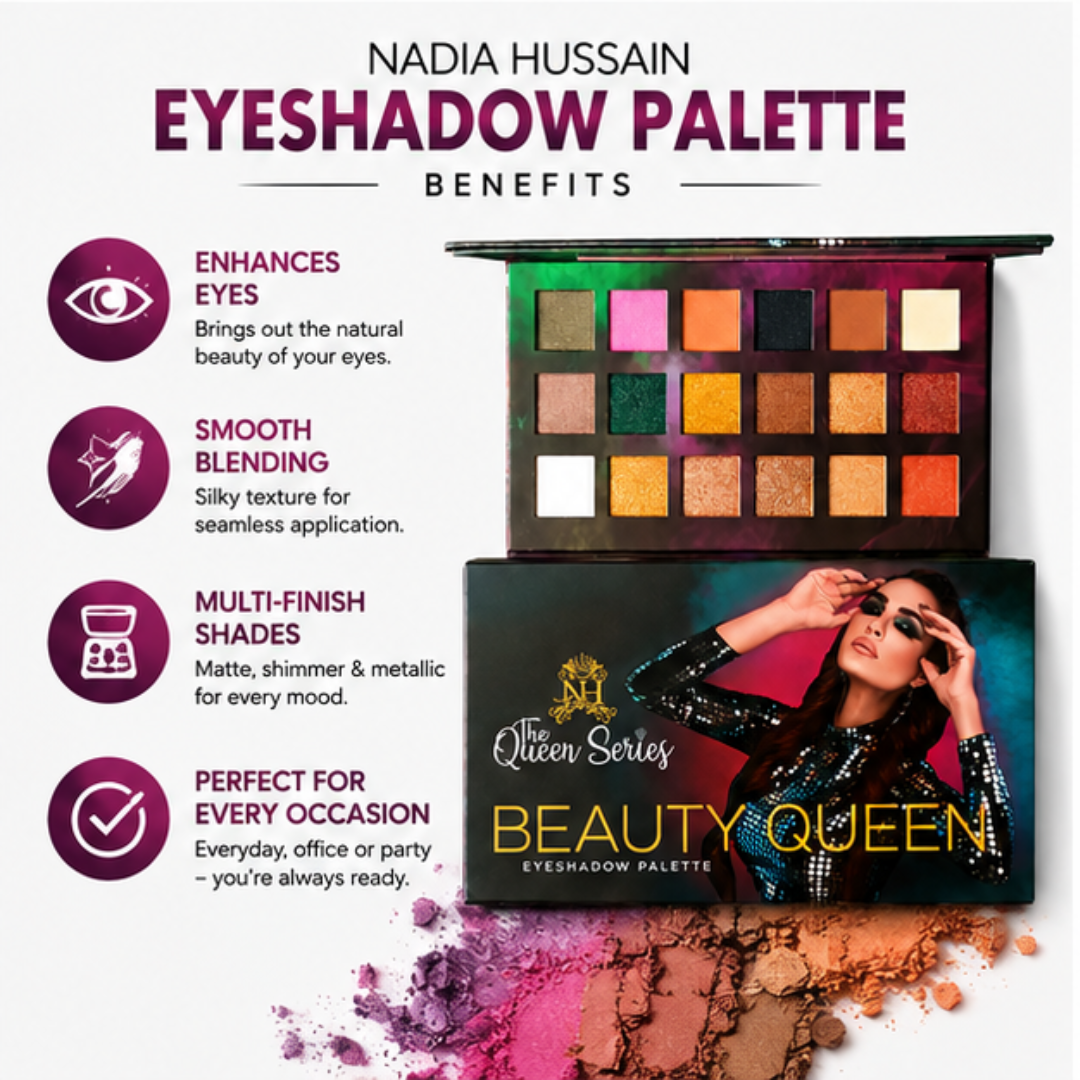 Nadia Hussain Beauty Queen Eyeshadow Palette – Create, Blend & Shine – Highly Pigmented, Long Lasting & Smooth Blending – Multi-Finish Shades (Matte, Shimmer & Metallic) – For Everyday, Office & Party Looks