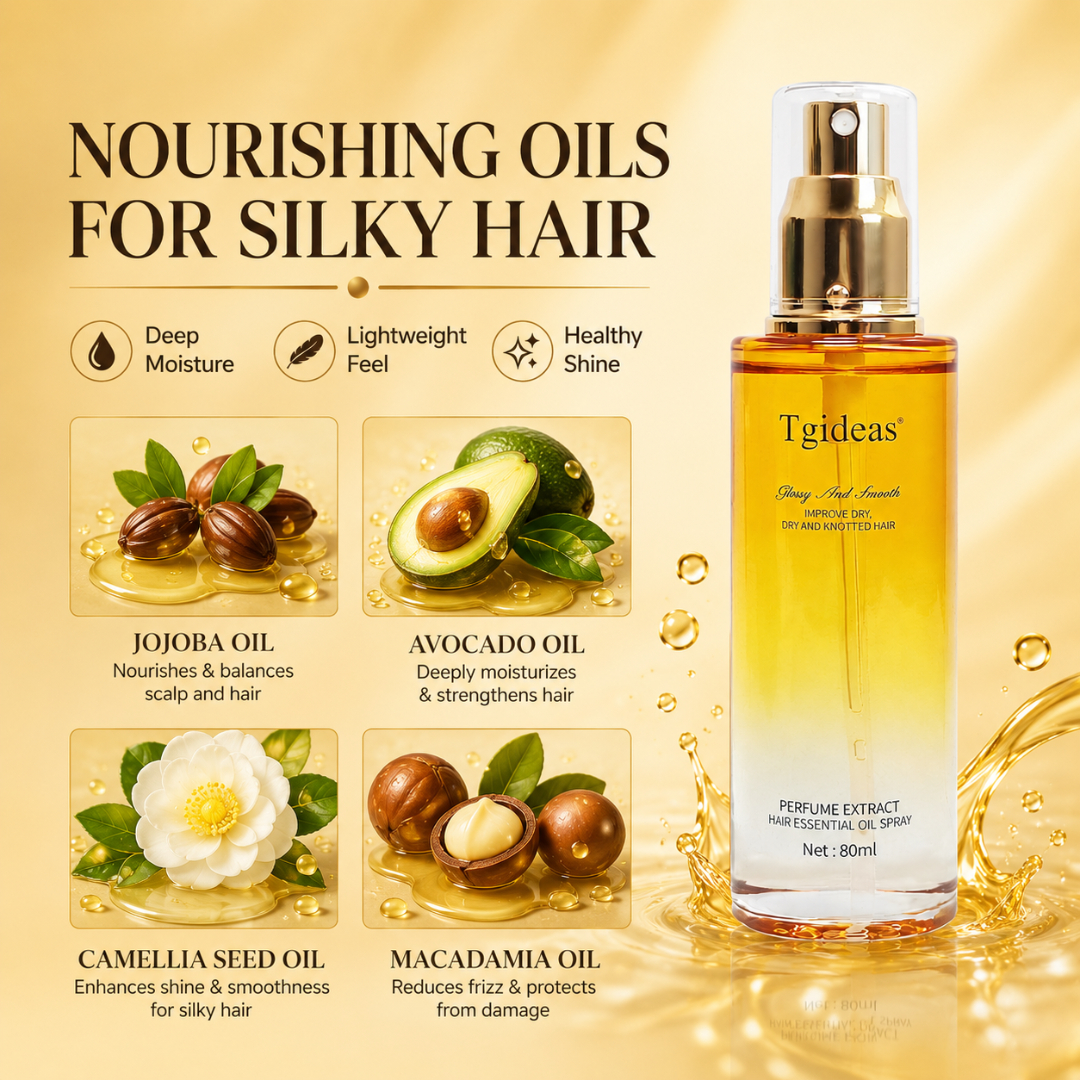 Tgideas Hair Essential Oil Spray – 50% OFF – Silky Straight Hair in Minutes – Anti-Frizz, Heat Protection, Deep Nourishment – With Jojoba, Avocado, Camellia & Macadamia Oils – Perfume Extract – For Dry & Knotted Hair