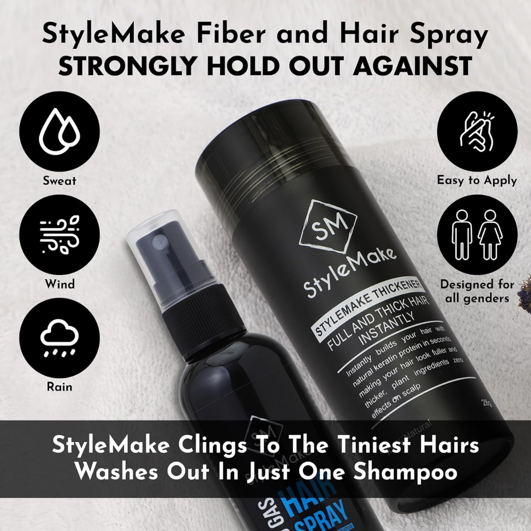 StyleMake Thickener + Hair Fixing Spray Bundle – Instantly Thicker, Fuller Hair in Under 30 Seconds – Natural Cotton Fibers, Weather Resistant – Volumizing Hair Fibers for Thinning Hair