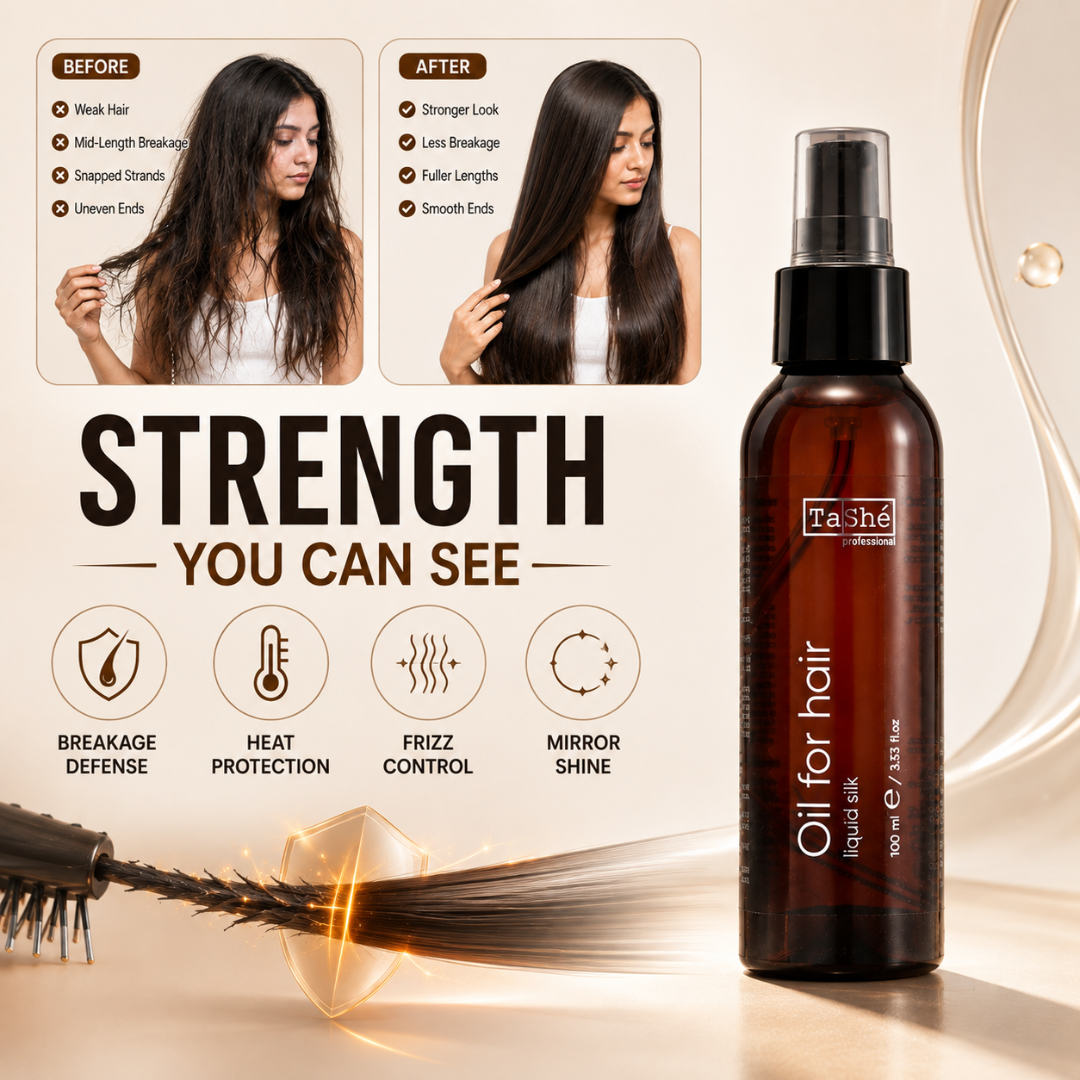 TaShé Professional Liquid Silk Hair Oil – Protect Weak Hair, Breakage Defense & Heat Protection up to 230°C – Stronger, Fuller & Silky Shine – With Macadamia, Avocado & Sweet Almond Oil – For Dry, Damaged & Split Ends