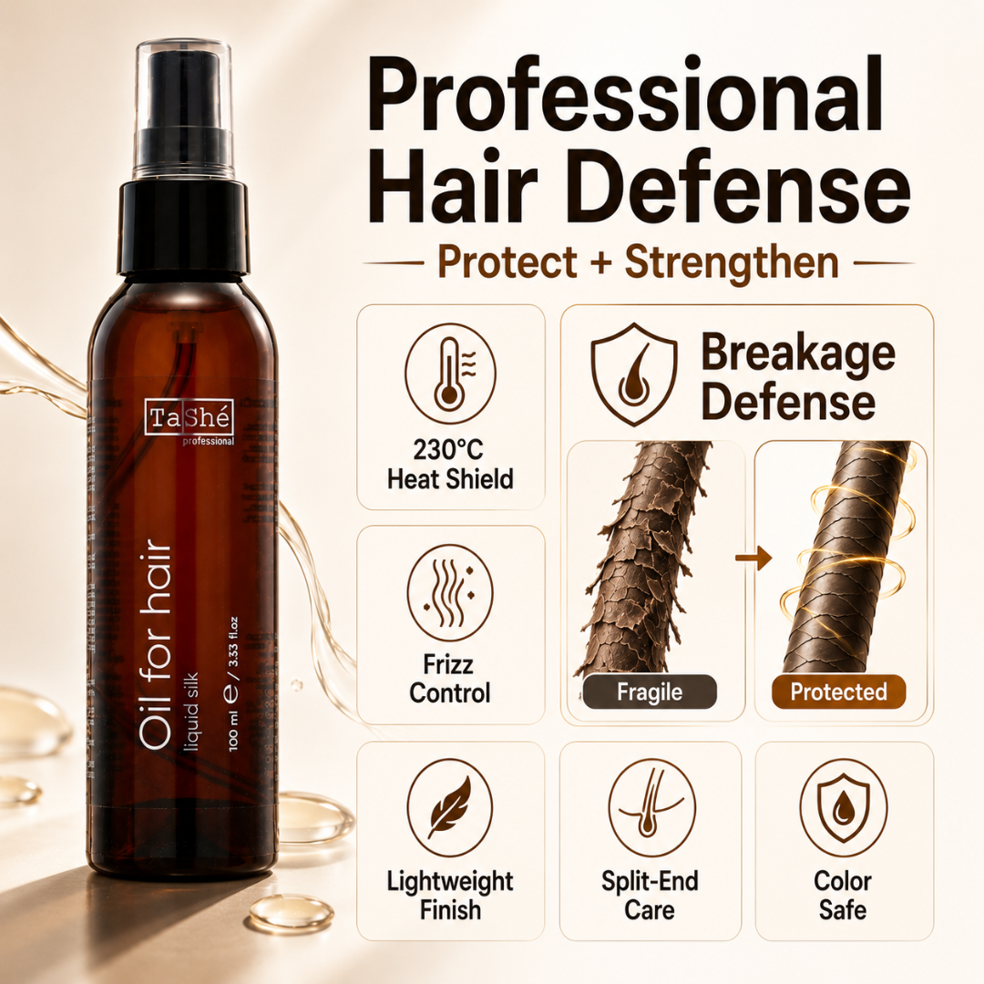 TaShé Professional Liquid Silk Hair Oil – Protect Weak Hair, Breakage Defense & Heat Protection up to 230°C – Stronger, Fuller & Silky Shine – With Macadamia, Avocado & Sweet Almond Oil – For Dry, Damaged & Split Ends