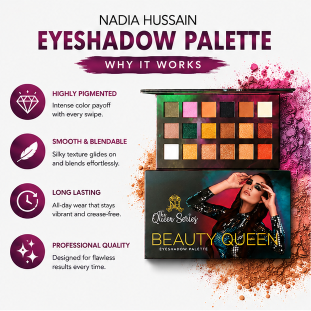 Nadia Hussain Beauty Queen Eyeshadow Palette – Create, Blend & Shine – Highly Pigmented, Long Lasting & Smooth Blending – Multi-Finish Shades (Matte, Shimmer & Metallic) – For Everyday, Office & Party Looks