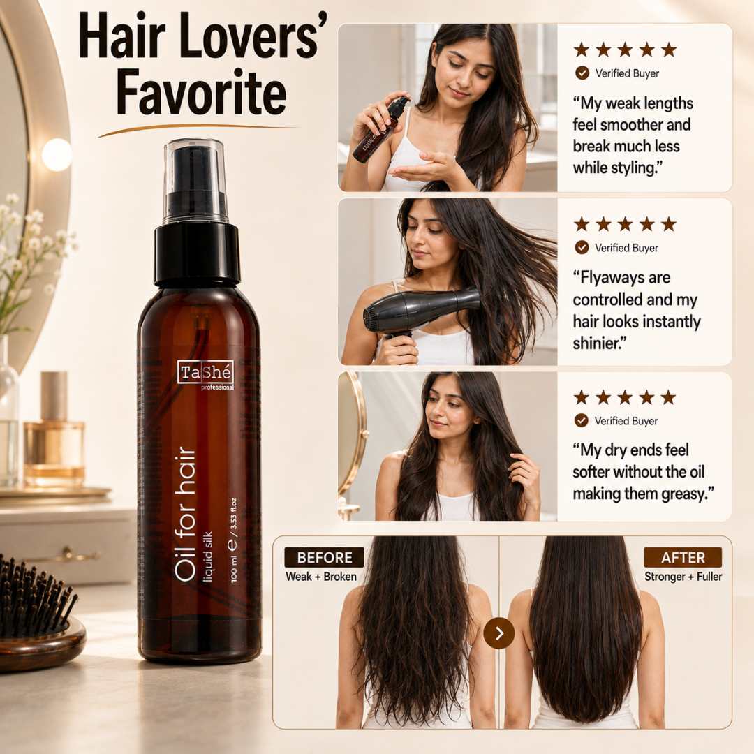 TaShé Professional Liquid Silk Hair Oil – Protect Weak Hair, Breakage Defense & Heat Protection up to 230°C – Stronger, Fuller & Silky Shine – With Macadamia, Avocado & Sweet Almond Oil – For Dry, Damaged & Split Ends