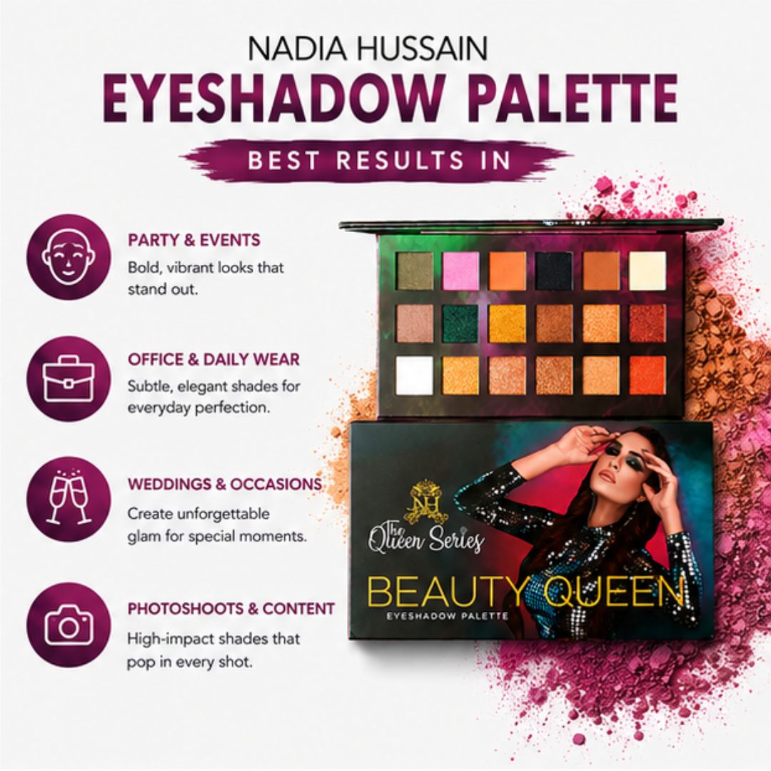 Nadia Hussain Beauty Queen Eyeshadow Palette – Create, Blend & Shine – Highly Pigmented, Long Lasting & Smooth Blending – Multi-Finish Shades (Matte, Shimmer & Metallic) – For Everyday, Office & Party Looks
