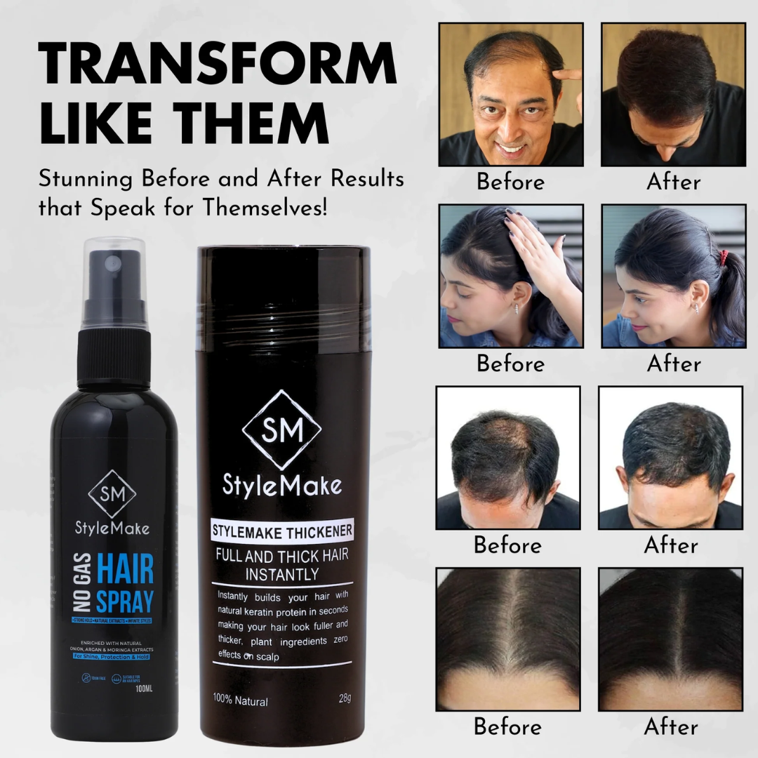 StyleMake Thickener + Hair Fixing Spray Bundle – Instantly Thicker, Fuller Hair in Under 30 Seconds – Natural Cotton Fibers, Weather Resistant – Volumizing Hair Fibers for Thinning Hair