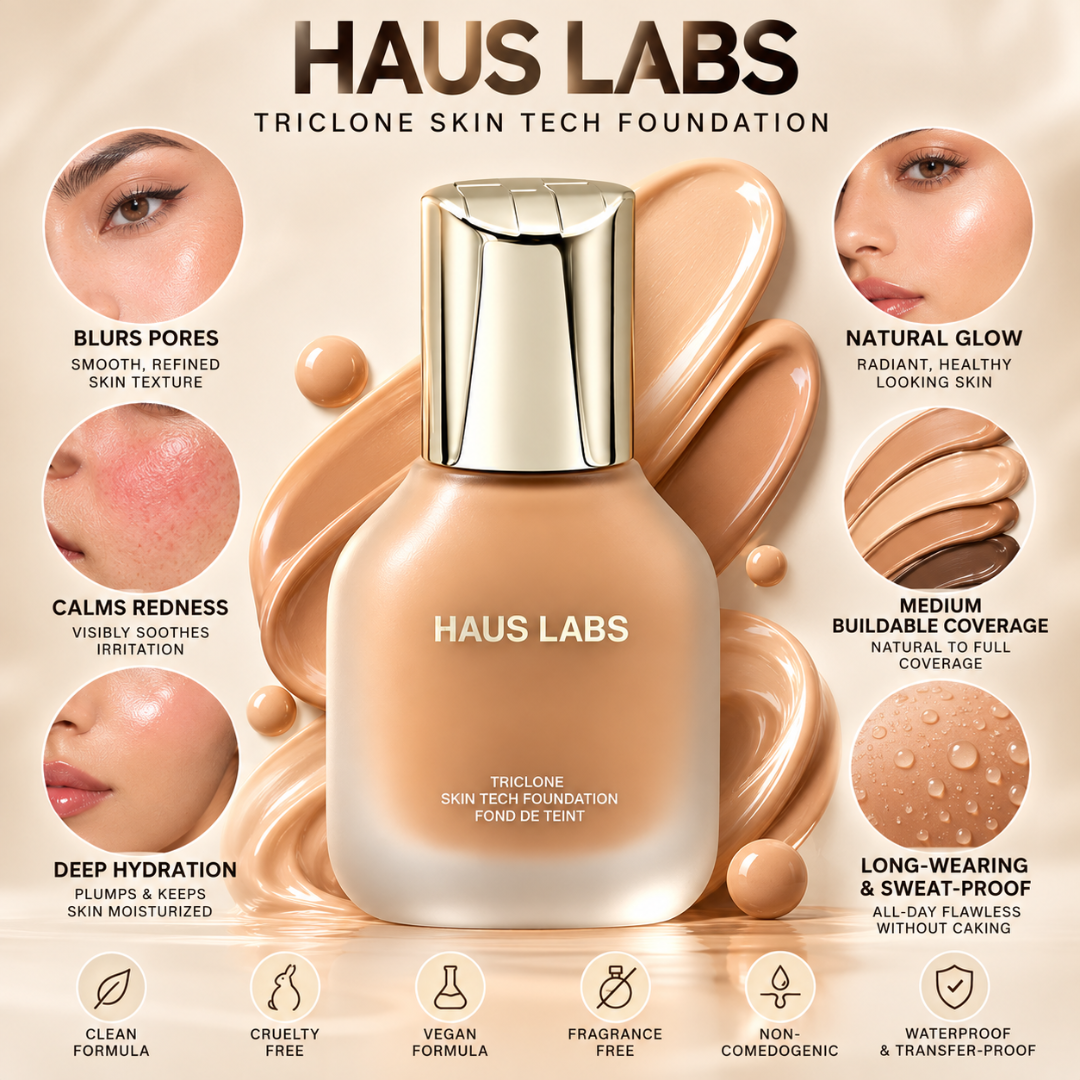 HAUS LABS Triclone Skin Tech Foundation – Second-Skin Medium Buildable Coverage – Luminous & Weightless