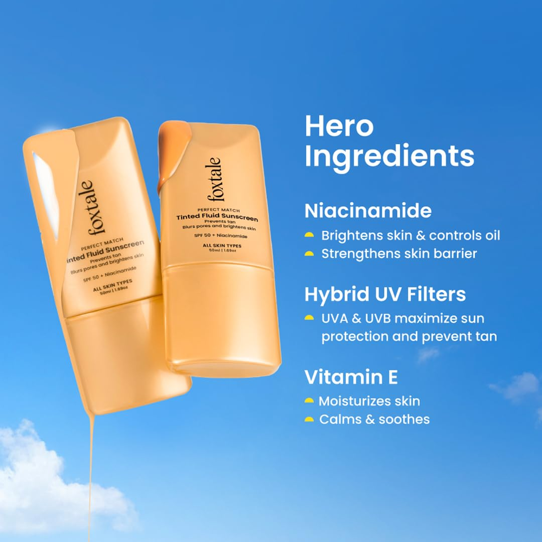 Foxtale Fluid Sunscreen with Niacinamide & Tinted Fluid Sunscreen Duo | SPF 50, Oil Control, Pore Blurring & Skin Brightening for All Skin Types