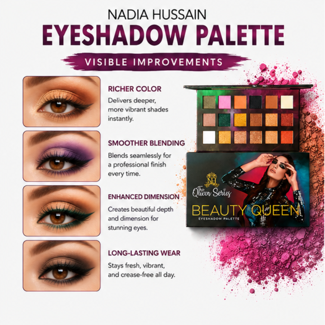 Nadia Hussain Beauty Queen Eyeshadow Palette – Create, Blend & Shine – Highly Pigmented, Long Lasting & Smooth Blending – Multi-Finish Shades (Matte, Shimmer & Metallic) – For Everyday, Office & Party Looks