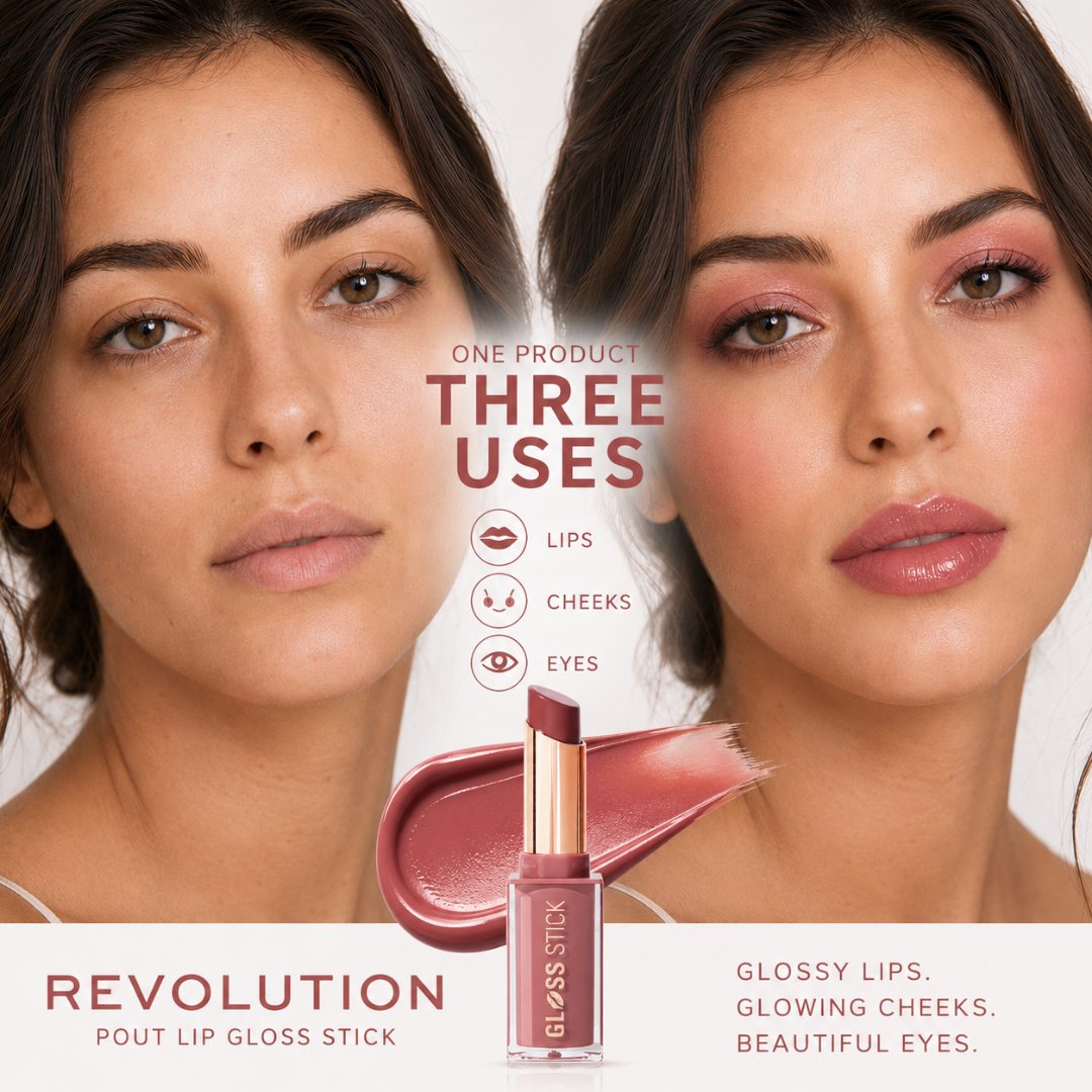 Revolution Pout Lip Gloss Stick – Glossy Color, All Day Confidence – Lipstick + Gloss in One Stroke – Multi-Use for Lips, Cheeks & Eyes